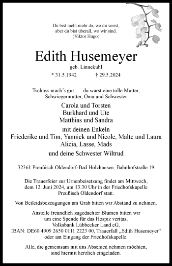 Traueranzeige von Edith Husemeyer von Westfalen Blatt