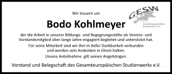 Traueranzeige von Bodo Kohlmeyer von Westfalen Blatt