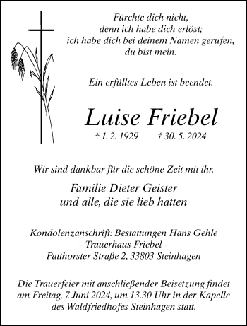Traueranzeige von Luise Friebel von Westfalen Blatt