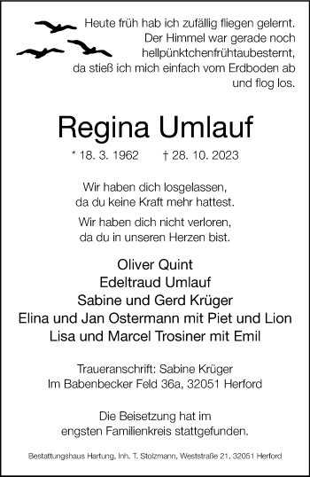 Traueranzeige von Regina Umlauf von Westfalen Blatt