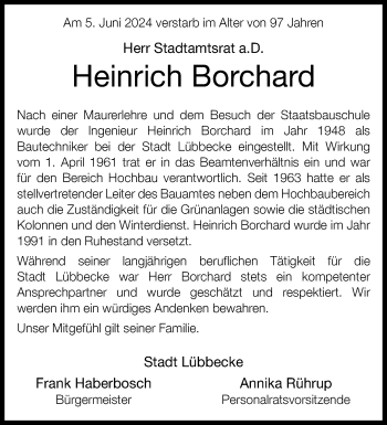 Traueranzeige von Heinrich Borchard von Westfalen Blatt