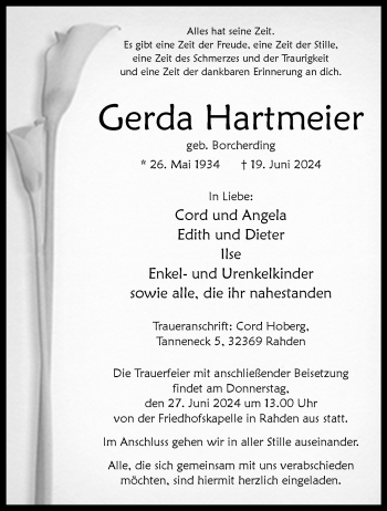 Traueranzeige von Gerda Hartmeier von Westfalen Blatt