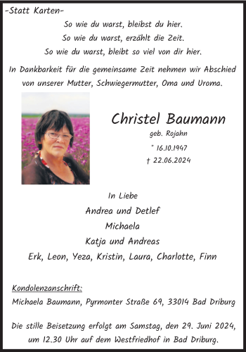 Traueranzeige von Christel Baumann von Westfalen Blatt