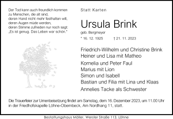 Traueranzeige von Ursula Brink von Westfalen Blatt