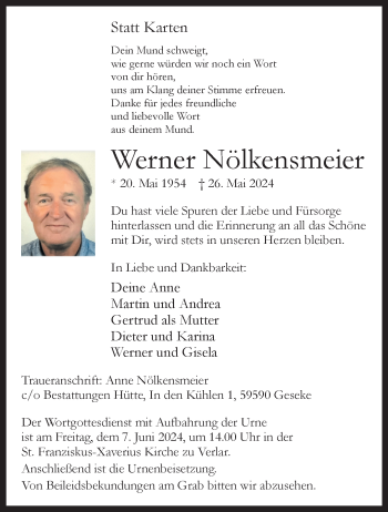 Traueranzeige von Werner Nölkensmeier von Westfalen Blatt