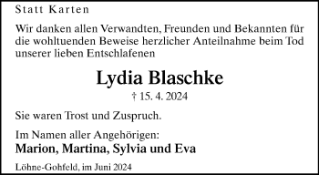 Traueranzeige von Lydia Blaschke von Westfalen Blatt