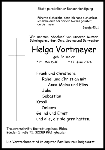 Traueranzeige von Helga Vortmeyer von Westfalen Blatt