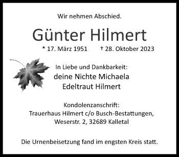 Traueranzeige von Günter Hilmert von Westfalen Blatt