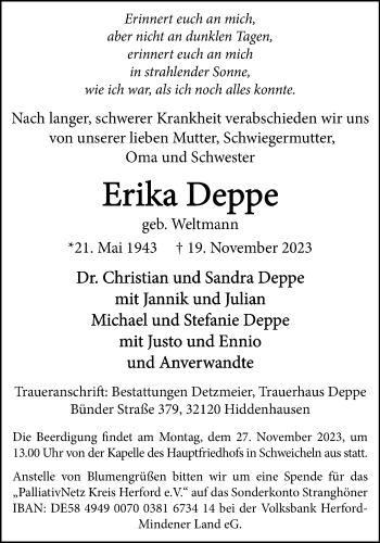 Traueranzeige von Erika Deppe von Westfalen Blatt