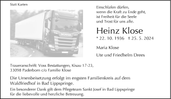 Traueranzeige von Heinz Klose von Westfalen Blatt