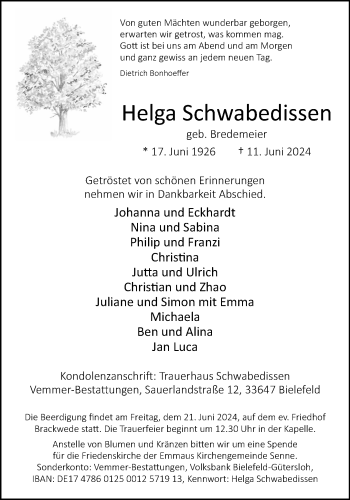 Traueranzeige von Helga Schwabedissen von Westfalen Blatt