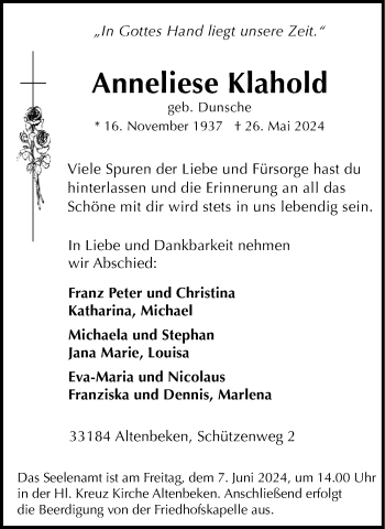Traueranzeige von Anneliese Klahold von Westfalen Blatt