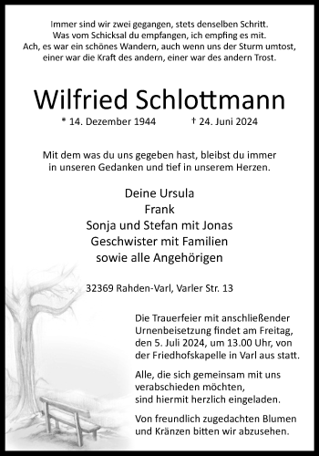 Traueranzeige von Wilfried Schlottmann von Westfalen Blatt