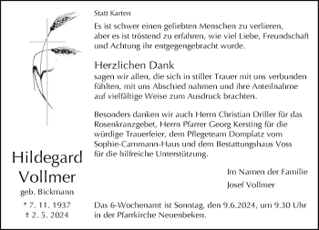 Traueranzeige von Hildegard Vollmer von Westfalen Blatt