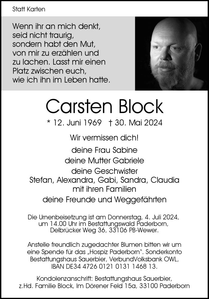  Traueranzeige für Carsten Block vom 22.06.2024 aus Westfalen Blatt