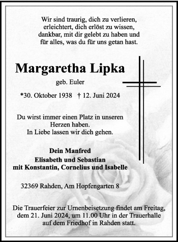 Traueranzeige von Margaretha Lipka von Westfalen Blatt