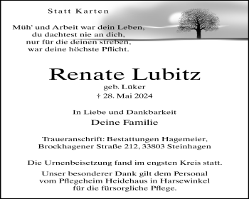 Traueranzeige von Renate Lubitz von Westfalen Blatt