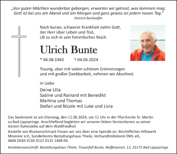 Traueranzeige von Ulrich Bunte von Westfalen Blatt