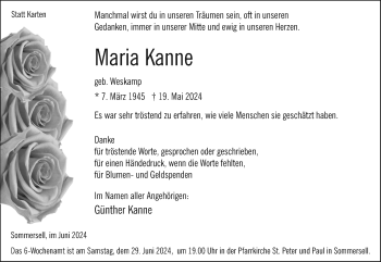 Traueranzeige von Maria Kanne von Westfalen Blatt