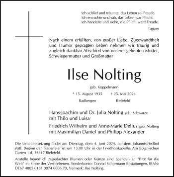 Traueranzeige von Ilse Nolting von Westfalen Blatt