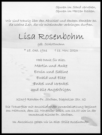 Traueranzeige von Lisa Rosenbohm von Westfalen Blatt