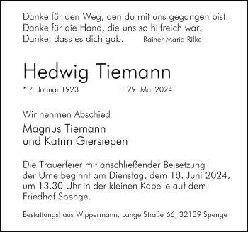 Traueranzeige von Hedwig Tiemann von Westfalen Blatt