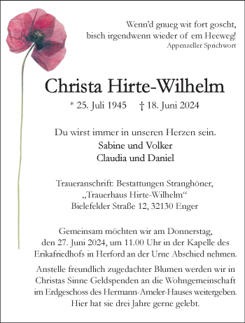 Traueranzeige von Christa Hirte-Wilhelm von Westfalen Blatt