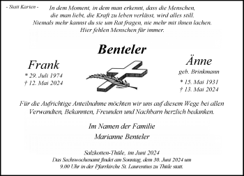 Traueranzeige von Frank und Änne Benteler von Westfalen Blatt