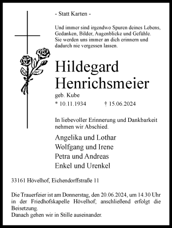 Traueranzeige von Hildegard Henrichsmeier von Westfalen Blatt