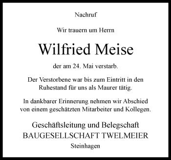 Traueranzeige von Wilfried Meise von Westfalen Blatt