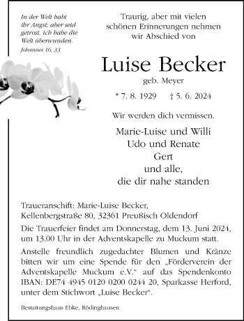 Traueranzeige von Luise Becker von Westfalen Blatt