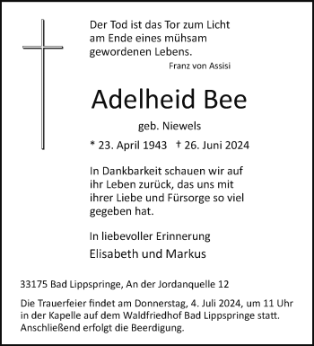 Traueranzeige von Adelheid Bee von Westfalen Blatt