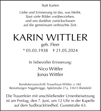 Traueranzeige von Karin Wittler von Westfalen Blatt