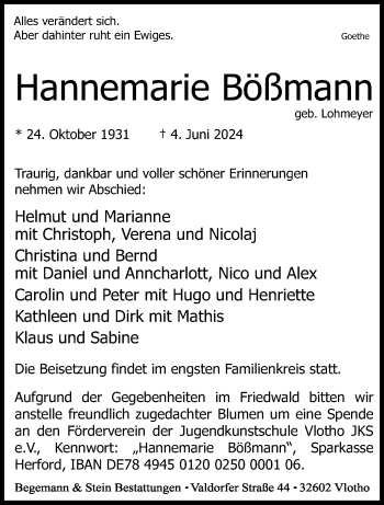 Traueranzeige von Hannemarie Bößmann von Westfalen Blatt