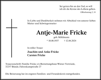 Traueranzeige von Antje-Marie Fricke von Westfalen Blatt