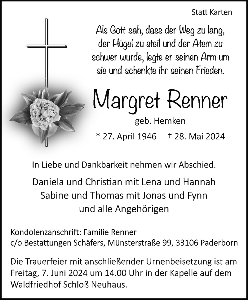  Traueranzeige für Margret Renner vom 01.06.2024 aus Westfalen Blatt