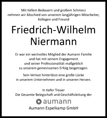 Traueranzeige von Friedrich-Wilhelm Niermann von Westfalen Blatt