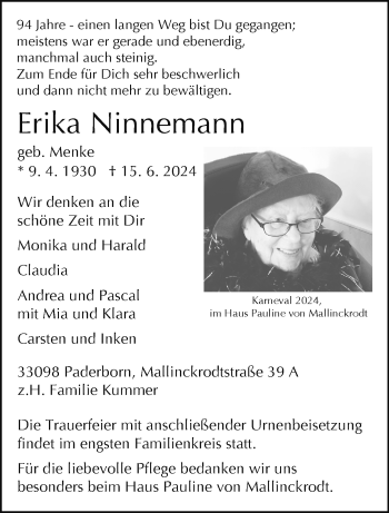 Traueranzeige von Erika Ninnemann von Westfalen Blatt