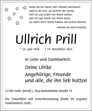 Traueranzeige von Ullrich Prill von Westfalen Blatt