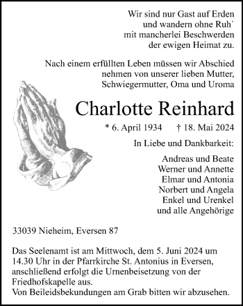 Traueranzeige von Charlotte Reinhard von Westfalen Blatt