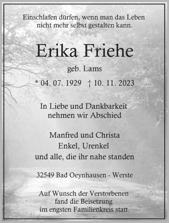 Traueranzeige von Erika Friehe von Westfalen Blatt