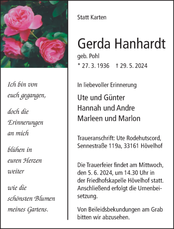 Traueranzeige von Gerda Hanhardt von Westfalen Blatt