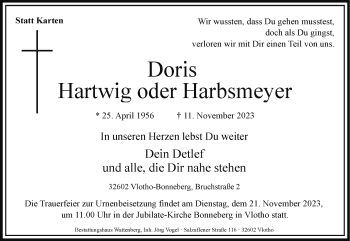 Traueranzeige von Doris Hartwig Oder Harbsmeyer von Westfalen Blatt