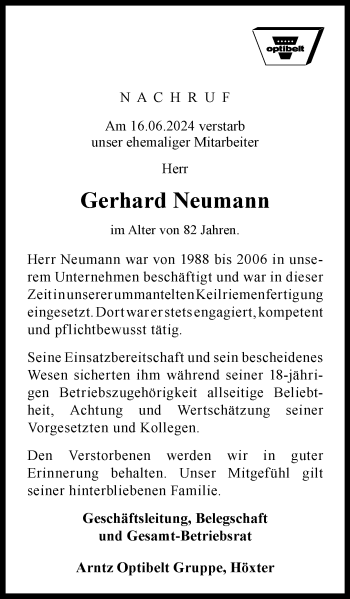 Traueranzeige von Gerhard Neumann von Westfalen Blatt