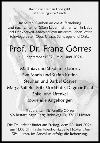 Traueranzeige von Prof. Dr. Franz Görres von Westfalen Blatt
