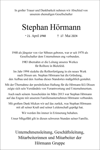 Traueranzeige von Stephan Hörmann von Westfalen Blatt