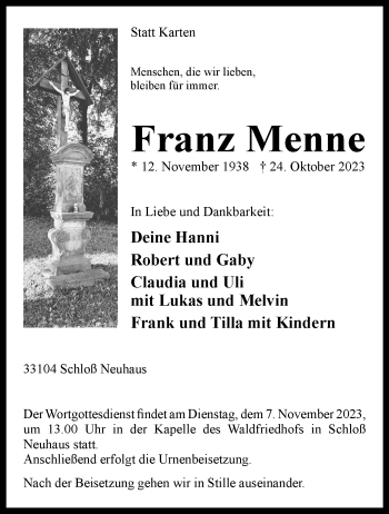 Traueranzeige von Franz Menne von Westfalen Blatt