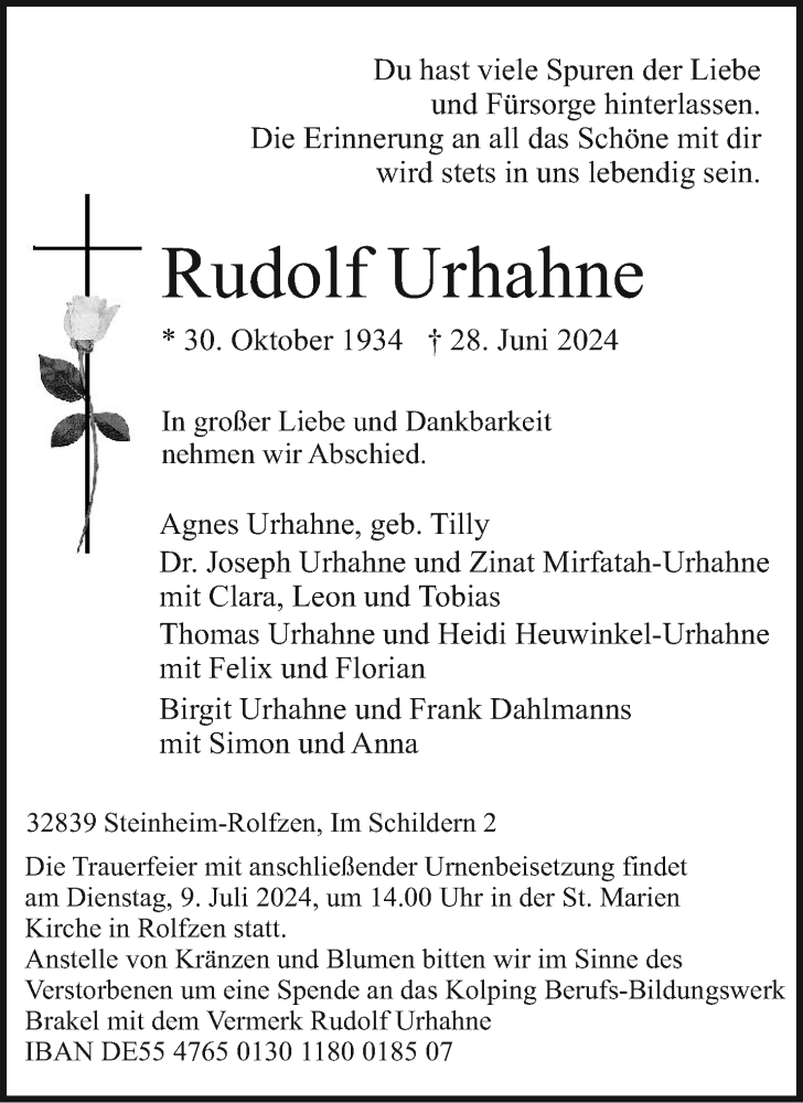  Traueranzeige für Rudolf Urhahne vom 03.07.2024 aus Westfalen Blatt