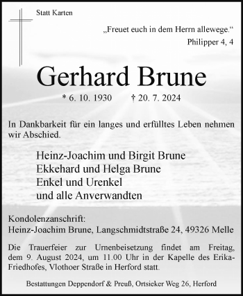 Traueranzeige von Gerhard Brune von Westfalen Blatt