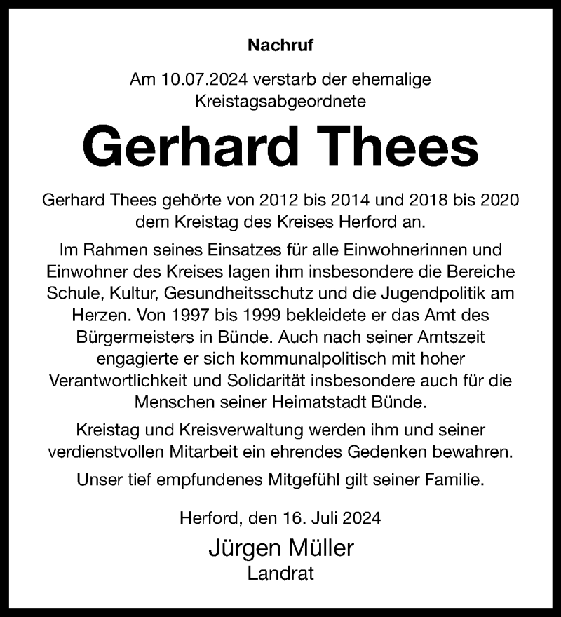  Traueranzeige für Gerhard Thees vom 20.07.2024 aus Westfalen Blatt